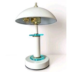 Vtg 1970s mushroom UFO touch table lamp White Atomic Memphis Design White Blue